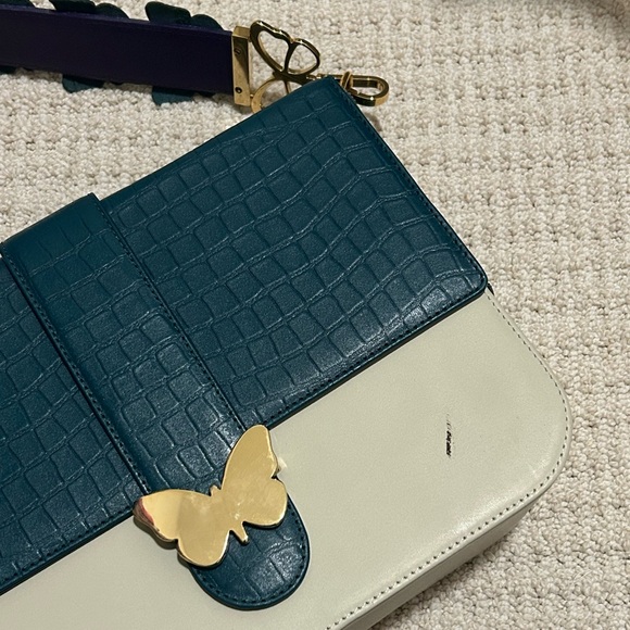 Elizabeth Sutton Leather Bag Multicolor Cream & Forest with 3D Butterfly Strap